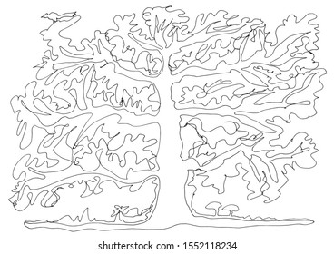 Line Art Drawing The Tree of World. Ready-to-color decorative work can be used as greeting card, background, decorative fabric pattern, wallpaper, fractal used in Art therapy for coloring.