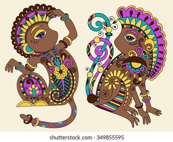 line art drawing of two ethnic monkey in decorative ukrainian style, colored vector illustration