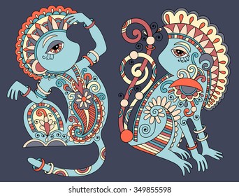line art drawing of two ethnic monkey in decorative ukrainian style, dark blue colored vector illustration