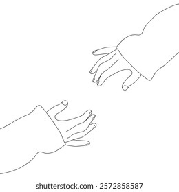 line art drawing of two hands reaching for each other. Sign or symbol of love, hope, caring, helping. Concept of human relation, community, togetherness.
