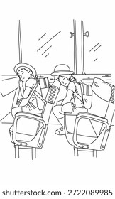 Line Art Zeichnung von zwei Kindergarten kleine Schüler sitzen auf einem Schulbus