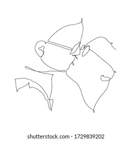 Line art drawing vector illustration of couple kissing.  Love print. Minimalist people icon. Symbol of love.