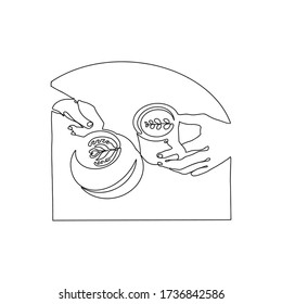 Line art drawing vector illustration of two hands holding coffee cups. Continuous line. Minimalist coffee lifestyle. 