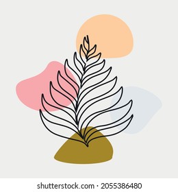 Line Art Drawing Vector Monstered Leaf And Palm Tree Leaves. Modern Single Line Art, Aesthetic Contour. Perfect For Home Decor Such As Posters, Wall Art, Tote Bag Or Sticker