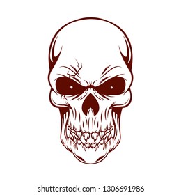 Line art drawing of a vector skull on white background. Skull head design element.