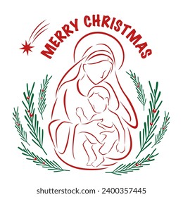 Line art of drawing of Virgin Mary and Baby Jesus vector illustration