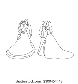 Line art drawing wedding couple married man and woman dancing on the floor at party park. Romantic young man and woman holding hands and spinning around. Continuous line draw design graphic vector