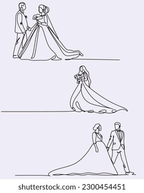 Line art drawing wedding couple married man and woman dancing on the floor at party park. Romantic young man and woman holding hands and spinning around. Continuous line draw design graphic vector