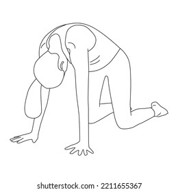 Line Art Drawing Of Woman Doing Yoga In Cat Pose Vector.