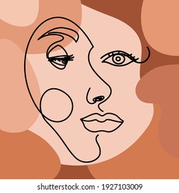 Line art, drawing of woman face and leaves. Abstract contemporary collage with geometric shapes , fashion concept, woman minimalist, vector illustration for t-shirt, slogan design print graphics style