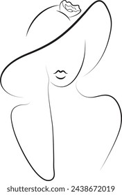 LINE ART DRAWING SOMBRERO DE MUJER, cara de mujer simple estilizada en sombrero en blanco