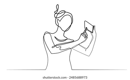 line art drawing of woman holding cell phone. posing to take pictures with a cellphone camera. immortalizing something that is going viral.