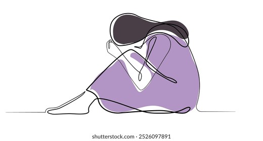 Dibujo del arte de la línea de una mujer que mira abajo y triste. Arte de la línea del Vector de un estado triste de la mente, una mujer que contempla y llora. Ilustración vectorial de la sola línea. aislado en el fondo blanco