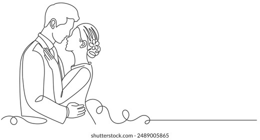 line art drawing woman and man stand in love and dance in wedding celebration. Young married couple lovers with wedding dress. line art style draw design vector graphic