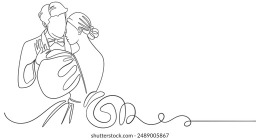 line art drawing woman and man stand in love and dance in wedding celebration. Young married couple lovers with wedding dress. line art style draw design vector graphic