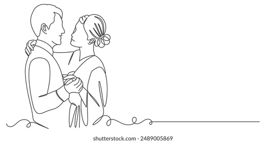 line art drawing woman and man stand in love and dance in wedding celebration. Young married couple lovers with wedding dress. line art style draw design vector graphic