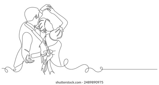 line art drawing woman and man stand in love and dance in wedding celebration. Young married couple lovers with wedding dress. line art style draw design vector graphic