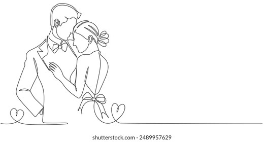 line art drawing woman and man stand in love and dance in wedding celebration. Young married couple lovers with wedding dress. line art style draw design vector graphic