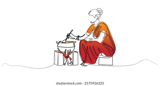 line art drawing of a woman in typical Indian clothing cooking in a traditional kitchen. line art of an Indian woman cooking