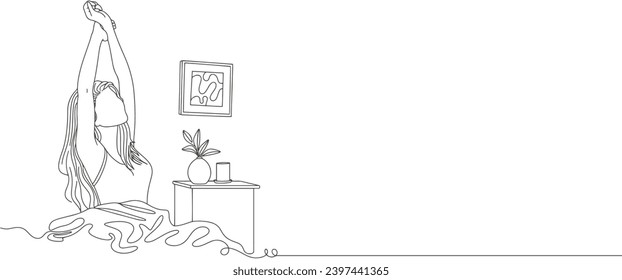 line art drawing woman wake up and still yawning, still lying in bed under blanket. Sleepy woman on bed. line art draw design graphic vector illustration