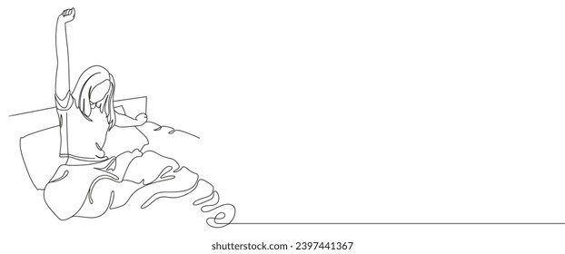 line art drawing woman wake up and still yawning, still lying in bed under blanket. Sleepy woman on bed. line art draw design graphic vector illustration