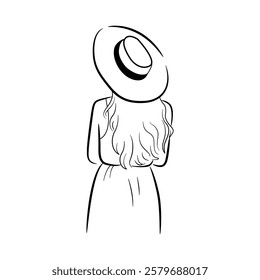 line art drawing women with long wavy hair wearing a wide-brimmed hat, viewed from behind.