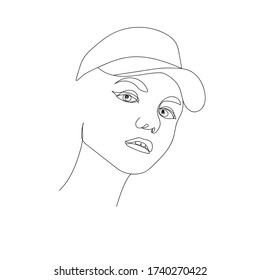 Line Art Drawing Of Young Hipster Girl In Baseball Cap, Unisex Portrait Of Teen Vector Illustration