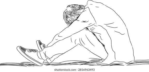 line art drawing of a young man sitting on the ground looking depressed or tired, holding his knees. Vector sketch illustration of sad, lonely, or stressed man concept.