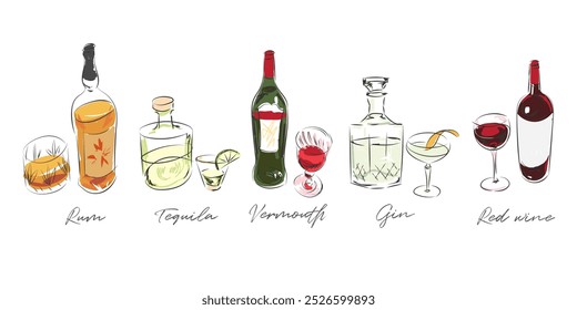 Line art drawings of liquor bottles, doodle style illustration, graphic decorative elements