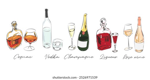 Desenhos de arte de linha de garrafas de bebidas, ilustração estilo doodle, elementos decorativos gráficos