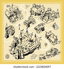 Line art drawn buildings for fantasy city map