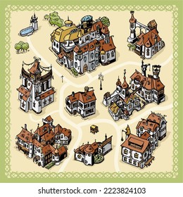 Line art drawn buildings for fantasy city map