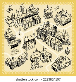 Line art drawn buildings for fantasy city map