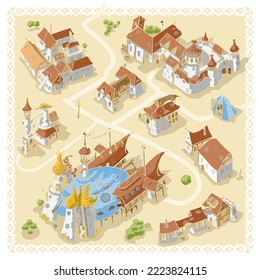 Line art drawn buildings for fantasy city map