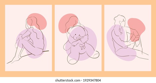Line art dreaming girls with a teddy bear
