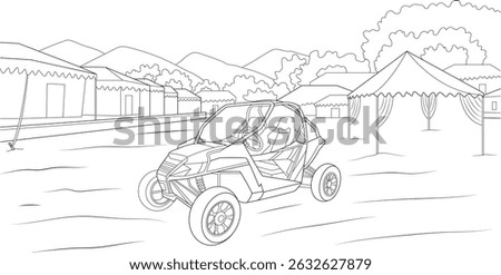 Line Art Dune Buggy at Desert Camp in Dubai, Black and white line art illustration of a dune buggy parked at a desert camp with tents and mountains in the background, reflecting the popular tourist