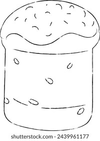 Line art of Easter cake with white icing and raisins. Vector illustration of Easter baked goods with raisins, decorated with icing and confectionery sprinkles.