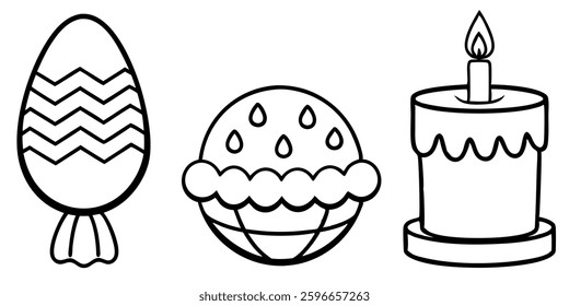 Line art easter candle egg basket cake icon set. Line art black and white easter candle egg basket cake icon set. Coloring book page for adults and kids. illustration vector 