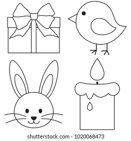 Line art easter icon set chicken chick bunny face candle, gift box. Coloring book page for adults and kids. Vector illustration for gift card, flayer, certificate or banner, icon, logo, patch, sticker