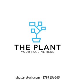 Line art eco technology logo vector design image. Friendly eco technology logo with flower pot and circuit tech leaf in line art style

