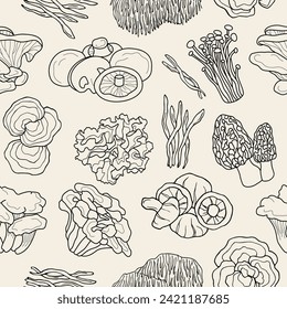 Line art edible mushrooms seamless pattern