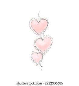 Line art editable and watercolour composition with marvellous soft pink hearts isolated on white background. Nursery, wedding, romantic template. Vector illustration.