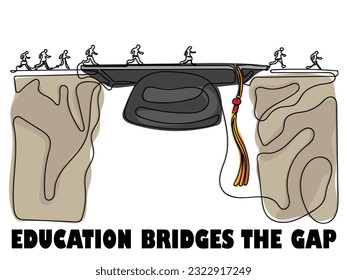 Line art of Education career opportunities concept as a group of graduating university students crossing a mortarboard or graduation cap as a bridge to opportunity and bridging the gap for success.