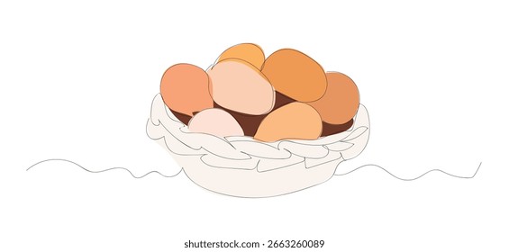Arte de línea huevo al horno. Elemento feliz de la tarjeta de felicitación de Festiva de Pascua.  Símbolo gráfico de vacaciones de primavera. Una Línea Continua Dibujada Moderna.   Vector hecho a mano, no Al.
