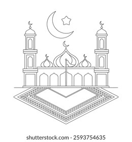 A line art Eid Mubarak illustration of a coloring page with a white background. The illustration features a crescent moon and a star above a building with minarets. Below the building, there is a gree