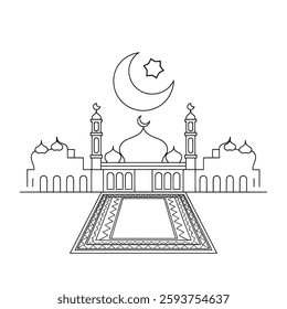 A line art Eid Mubarak illustration of a coloring page with a white background. The illustration features a crescent moon and a star above a building with minarets. Below the building, there is a gree