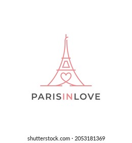Line art Eiffel Tower with hearts love logo design