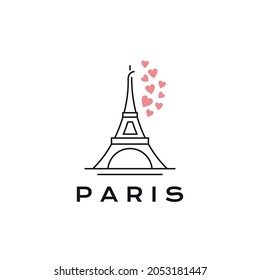 Line Art Eiffel Tower mit Herzen Liebe Logo Design