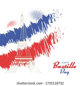 Monumento a la Torre Eiffel de Línea con fuegos artificiales, efecto Pincel rojo y azul sobre fondo blanco para el feliz Día de la Bastilla.