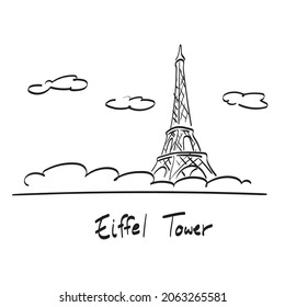 line art Eiffel tower with sky and clouds illustration vector isolated on white background